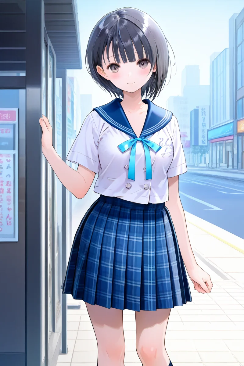 <lora:Shirai_Hinako_Blue_Reflection_illus:1>Shirai Hinako, 1girl, solo, looking at viewer, blush, short hair, bangs, skirt, pedestrian city, black hair, shirt, shop background, ribbon, brown eyes, closed mouth, school uniform, standing, white shirt, short sleeves, pleated skirt, serafuku, sailor collar, blue skirt, plaid, kneehighs, plaid skirt, blue sailor collar, anime color, seductive smile, open mouth, medium breast, <lora:HandFixer_pdxl_Incrs_v1:1> (slender body), medium skirt, (tall girl), <lora:Add_more_details_pony:0.8> cowboy shot,