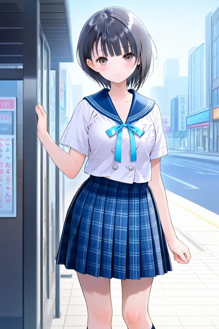 <lora:Shirai_Hinako_Blue_Reflection_illus:1>Shirai Hinako, 1girl, solo, looking at viewer, blush, short hair, bangs, skirt, pedestrian city, black hair, shirt, shop background, ribbon, brown eyes, closed mouth, school uniform, standing, white shirt, short sleeves, pleated skirt, serafuku, sailor collar, blue skirt, plaid, kneehighs, plaid skirt, blue sailor collar, anime color, seductive smile, open mouth, medium breast, <lora:HandFixer_pdxl_Incrs_v1:1> (slender body), medium skirt, (tall girl), <lora:Add_more_details_pony:0.8> cowboy shot,