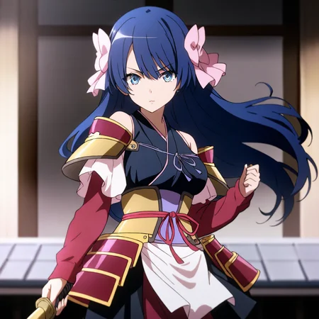 solo,anime coloring,looking at viewer,cowboy_shot,masterpiece,high score,great score,absurdres,
<lora:NiwaNagahide ag4o:1> niwanagahide, blue hair, long hair, blue eyes,japanese armor,holding weapon,long-handled weapon,