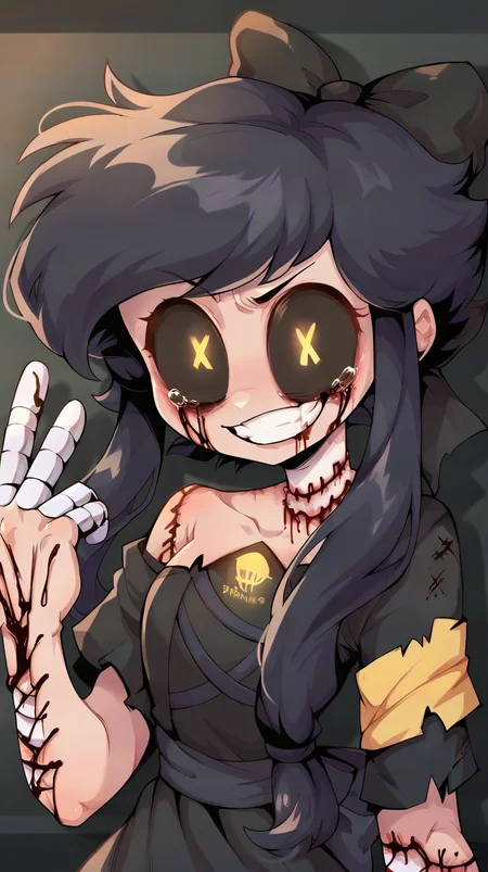 2D,score_9,score_8_up,score_7_up BREAK 1girl,solo,mdcyn,black hair bow,black sclera,colored sclera,yellow eyes,short black hair,braids,black dress,mechanical hands,stitches,injury,scars,+ +,injury,scars,blood,black tears,single mechanical leg,upper body,middle finger,smug,<lora:Cyn:1>,