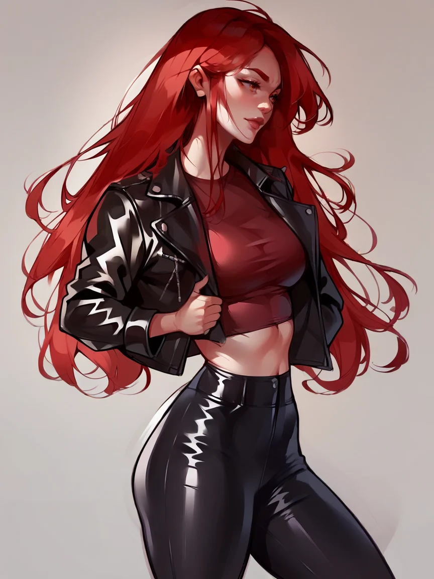 score_9, score_8_up, score_7_up, score_6_up, score_5_up, <lora:itsyelizXLP:1> itsyeliz,, 1girl, leather jacket, black pants, curvy, long hair, red hair,