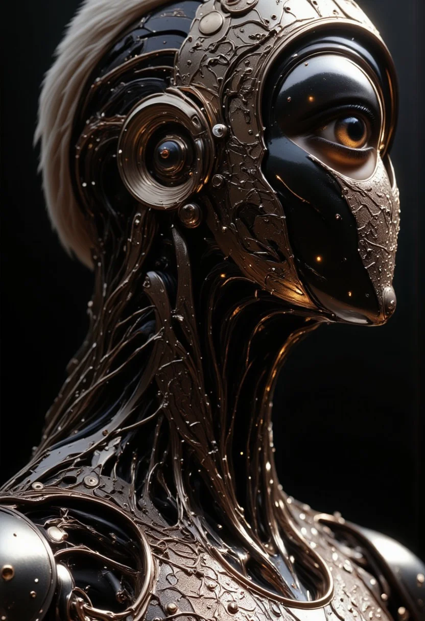 impressionist classical-style painting of a highly detailed, fantasy scene with a dramatic, robotic aesthetic. The central figure is a female robot. Her head and body are made of shiny and smooth metal with multi-colored, exposed wiring going down her neck creating an organic mosaic pattern. She is a biomechanical robot with Chrome Skinned and there are wires jacked into her face. Her cyclops eye is an intense silver color with light silver eyeshadow, and her lips are a rich, deep silver color. There is a missing panel on her cheek. A spot light focuses on her from above. Her hair is stark, metallic white strands that falls around the lower half of the image. She is blending in with the background. She is facing you and looking up into the sky intensely. The overall impression is one of dramatic beauty, with an almost otherworldly quality. (((ultra-realistic style))), realistic soft lighting, dark, eye-catching, atmospheric lighting, natural, shallow depth of field, (highlights: 0.8), high detail (dynamic, cinematic shot, film grain, bokeh, depth of field,
