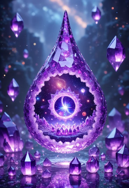 Raindrop Portals: Crystallized Realms
A single raindrop, suspended in midair, is made of sparkling amethyst crystals, and holds an entire universe within its shimmering depths. Looking closely, you can see a glowing portal floating in the center of the droplet, carved from glimmering purple crystal, leading to a dimension where the laws of gravity and time are entirely different. The curved surface of the droplet reflects a strange, swirling cosmos, with stars, planets, and crystalline creatures floating within. As the raindrop catches the light, it refracts countless purple hues, creating an otherworldly aura. When these amethyst raindrops fall to the ground, they shatter into bursts of glowing energy, releasing tiny fragments of otherworldly realms.