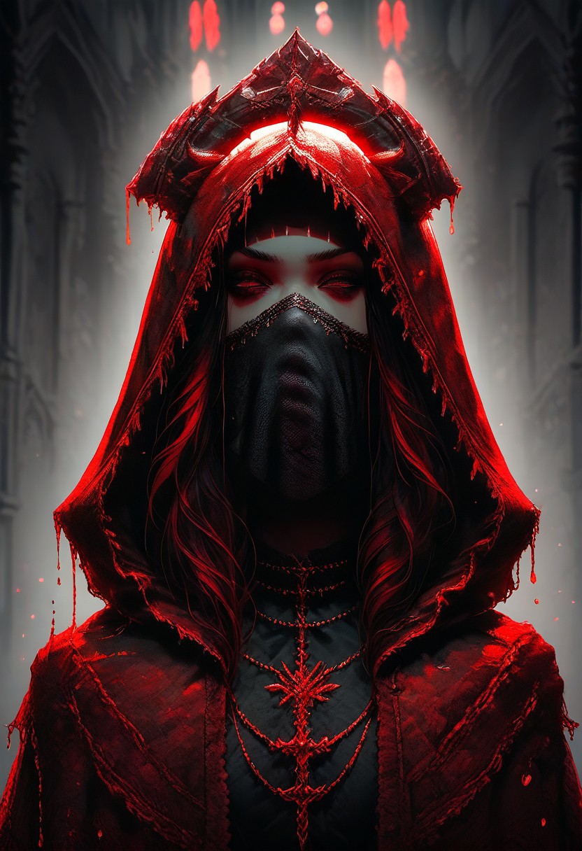 score_9, score_8_up, score_7_up, score_6_up, ornate headpiece, long black veil, black and red bodysuit, intricate patterns, , solo, black skin,  long black gloves with red accents, thigh-high black stockings with red details, A red glowing blood dripping,  melting red cloak without hood, creepy spiky crown, melting skull in hand, dramatic pose, mouth veil, indoor setting, gothic architecture, red and black color scheme, dim lighting with red highlights,  front view, deep depth of field, sharp focus on subject, crowd monster around, mhi, close up