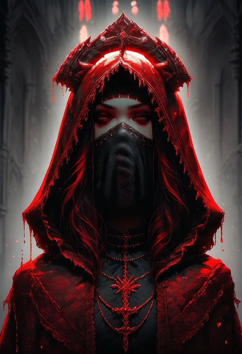 score_9, score_8_up, score_7_up, score_6_up, ornate headpiece, long black veil, black and red bodysuit, intricate patterns, , solo, black skin, long black gloves with red accents, thigh-high black stockings with red details, A red glowing blood dripping, melting red cloak without hood, creepy spiky crown, melting skull in hand, dramatic pose, mouth veil, indoor setting, gothic architecture, red and black color scheme, dim lighting with red highlights, front view, deep depth of field, sharp focus on subject, crowd monster around, mhi, close up