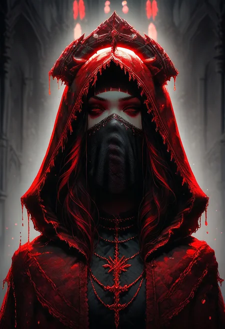 score_9, score_8_up, score_7_up, score_6_up, ornate headpiece, long black veil, black and red bodysuit, intricate patterns, , solo, black skin, long black gloves with red accents, thigh-high black stockings with red details, A red glowing blood dripping, melting red cloak without hood, creepy spiky crown, melting skull in hand, dramatic pose, mouth veil, indoor setting, gothic architecture, red and black color scheme, dim lighting with red highlights, front view, deep depth of field, sharp focus on subject, crowd monster around, mhi, close up