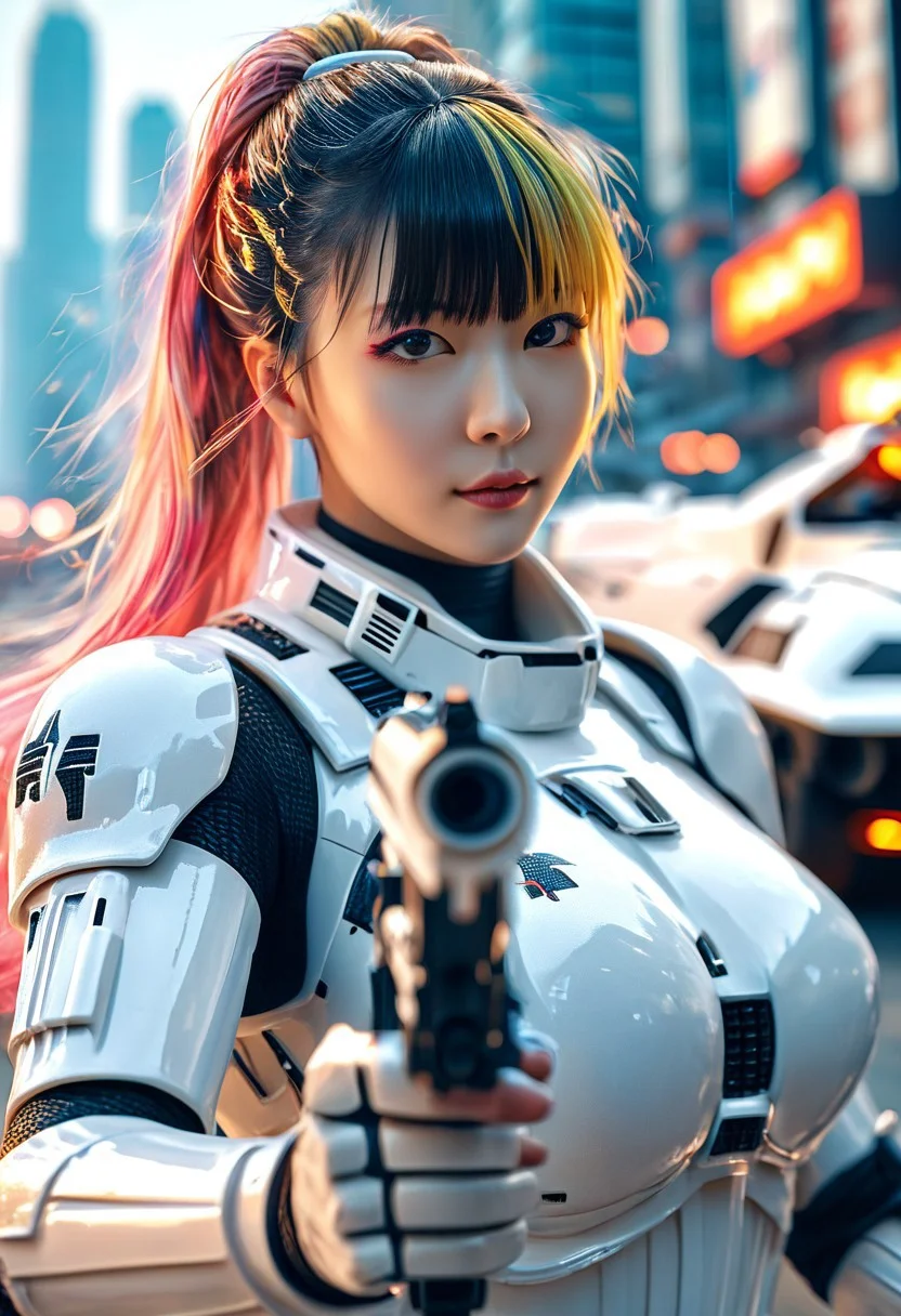 score_9, score_8_up, score_7_up, detailed photorealistic image, 4K, 8K, absurdres, 1 beautiful oriental girl, bangs, multicolored hair, stormtrooper, armor, holding, holding ray gun, aiming ray gun, high contrast, focus on face, battle in futuristic city, explosions, armored vehicles, aircraft, skyskrapers, high contrast
