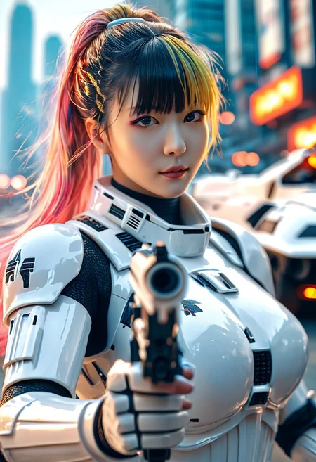 score_9, score_8_up, score_7_up, detailed photorealistic image, 4K, 8K, absurdres, 1 beautiful oriental girl, bangs, multicolored hair, stormtrooper, armor, holding, holding ray gun, aiming ray gun, high contrast, focus on face, battle in futuristic city, explosions, armored vehicles, aircraft, skyskrapers, high contrast