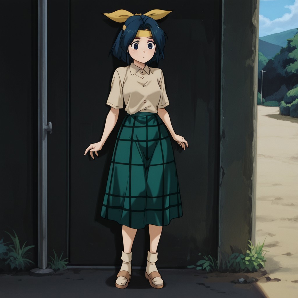 masterpiece, best quality, amazing quality, AzusakanIl, human, female, blue hair, blue eyes, outside, yellow headband, bow, tan shirt, short sleeves, long green skirt, tan socks, brown sandals, red strap, standing, in the woods