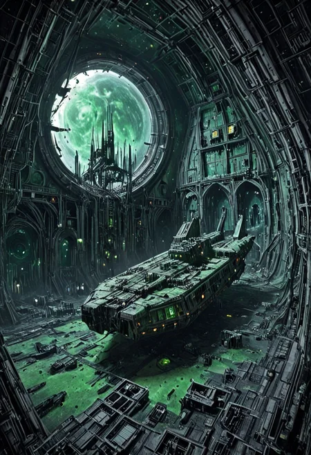 h0rr0rstyl3, CosmicStyle, drifting derelict ships, salvage field above a shattered moon, gothic cathedral-style architecture on spacecraft hulls, exposed wiring and floating wreckage, long-forgotten mega-freighters with corroded insignia, solar panels warped and useless, haunted space ambiance, flickering distress signals echoing in void, glowing green algae growth along internal lights, ancient battle scars etched into metal skin, abandoned escape pods orbiting silently, cinematic shadows and starlight, deep sci-fi horror aesthetic, post-apocalyptic fleet graveyard, hollow silence