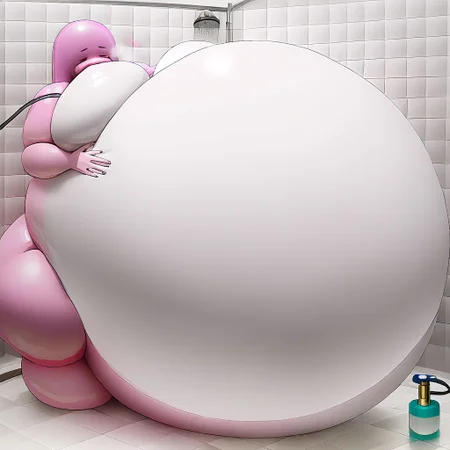 belly size bigger than main body)), (gigantic belly:2.0), goddess, shower, bathroom, cute, nervous, shy, heavy breathing, in heat, open mouth, aroused, hands on belly, hose leading into butt from air pump on ground, huge Belly press on mirror, Princess Bubblegum
