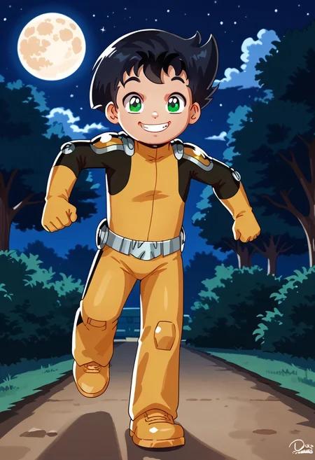 score_9, score_8_up, score_7_up, highly detailed, CuteCartoonStyle, cute boy, 1boy, solo,  Tony_Clark, Black Hair, Green Eyes, Dark Skin, Yellow Bodysuit, Yellow Gloves, Yellow Pauldrons, Yellow Boots, Belt,  at night, full moon, running, motion blur, smug smile, park
DSCStyle, round eyes, exaggerated proportions, cartoonish features, anime-inspired, cute aesthetics, cartoonish proportions, highlights,smooth lines, glossy highlights, minimal detail, clean outlines, consistent line weight, gentle highlights