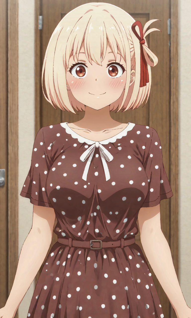 masterpiece, cute, lovely, (best quality:1.3), (amazing quality:1.3) ,very aesthetic, 1girl, solo, blush, (medium breasts:1.2), face satisfied, (Poa_Mellhen_Style), nishikigi chisato, short hair, bangs, blonde hair, red eyes, hair ribbon, one side up, bob cut, mature female, breasts, anime screencap ,BREAK, dress, polka dot dress, brown dress