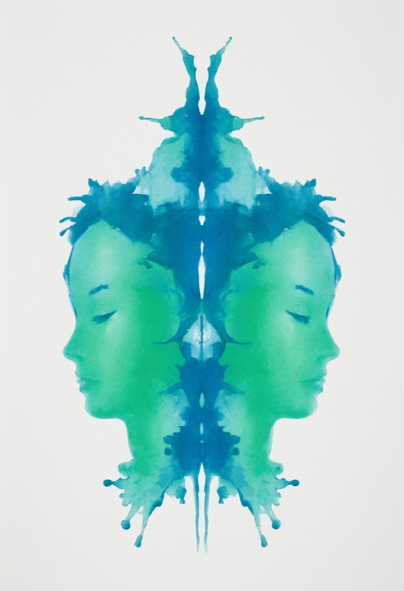 A rorschach-test resembling two symmetrical woman, dark Blue/green translucent ink splashes