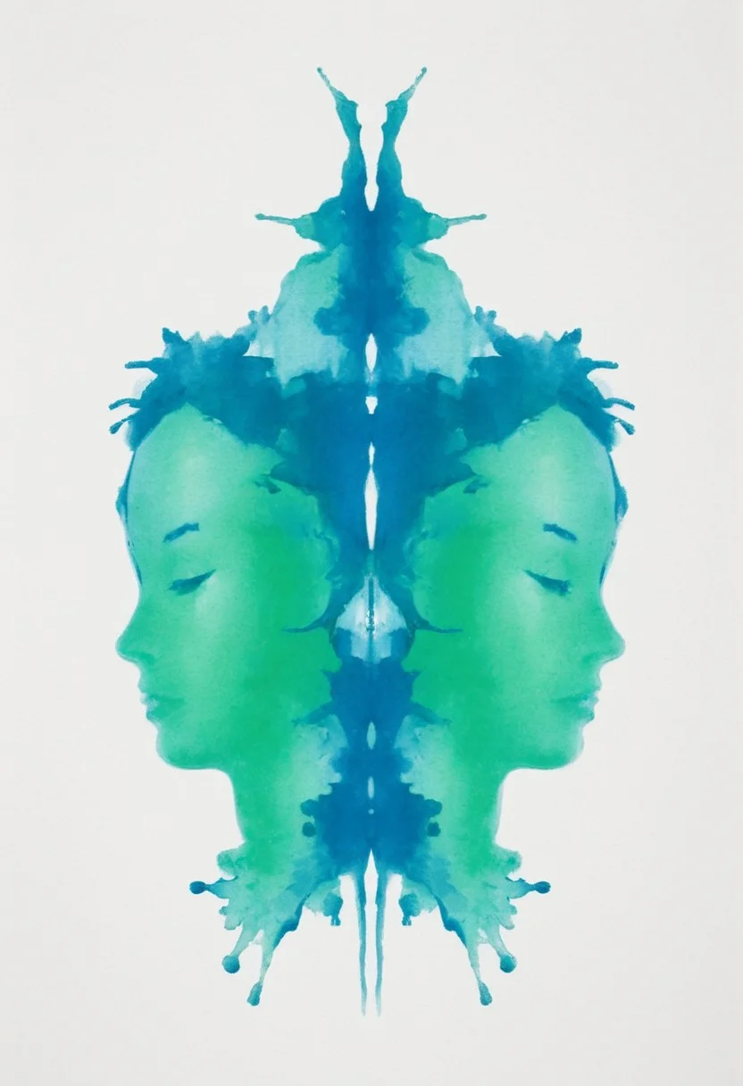 A rorschach-test resembling two symmetrical woman, dark Blue/green translucent ink splashes