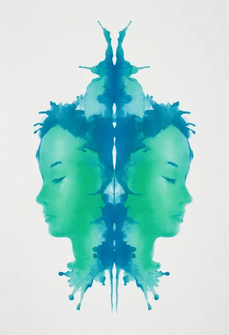 A rorschach-test resembling two symmetrical woman, dark Blue/green translucent ink splashes