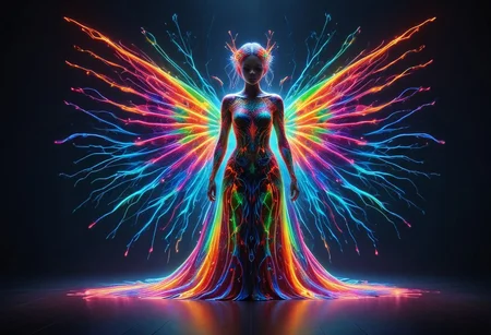 a full body fire entity whit multicolored flames, professional photography of an fantastical warrior fairy princess entirely made of cyberflies with whimsical elements, swirling magic, eerie fairytale landscape, elaborate fantasy style art, very colorful, intricate details, ultra sharp, exquisite detail, flawless composition, vivid colors, masterpiece, exciting background, TAS, TASvisuals, Psychedelic , Rave, Elaborate , Blacklight , Vibrant , cyberflies, black light paint, blp, Colorful Chaos Cracks and Drops, mad-glowtiedye, made out of,colorful,liquid,Murano Art Glass