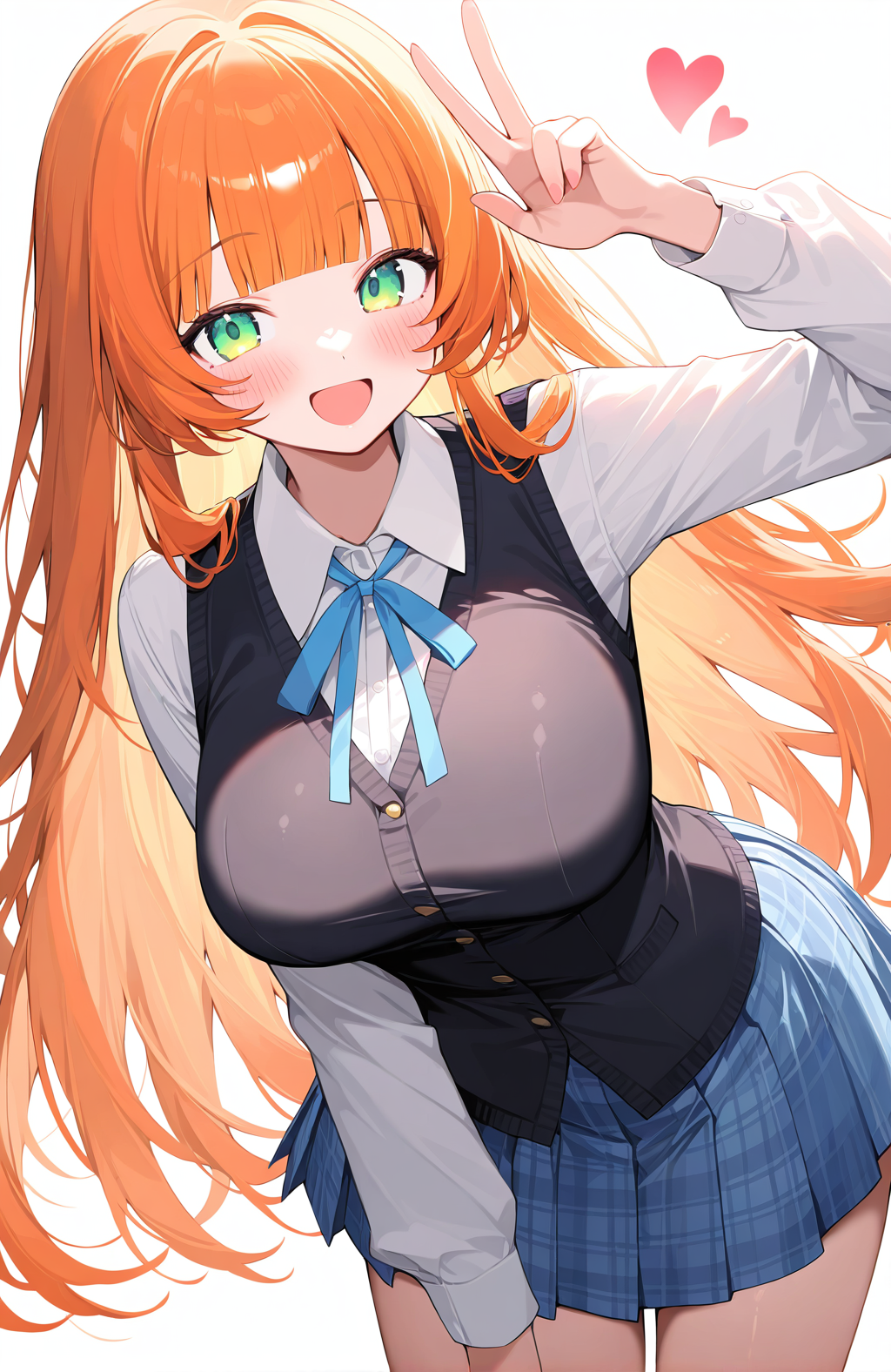 1girl,solo,long hair,green eyes,white background,smile,simple background,ribbon,shirt,heart,looking at viewer,skirt,blush,blue ribbon,v,white shirt,vest,open mouth,neck ribbon,long sleeves,plaid skirt,plaid,school uniform,breasts,:d,brown hair,black vest,orange hair,collared shirt,very long hair,blunt bangs,blue skirt,pleated skirt,hand up,large breasts,medium breasts,breasts,looking at viewer,, <lora:jiaocuo-000020:1>, masterpiece, best quality, very aesthetic, absurdres,newest, incredibly absurdres,