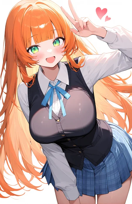 1girl,solo,long hair,green eyes,white background,smile,simple background,ribbon,shirt,heart,looking at viewer,skirt,blush,blue ribbon,v,white shirt,vest,open mouth,neck ribbon,long sleeves,plaid skirt,plaid,school uniform,breasts,:d,brown hair,black vest,orange hair,collared shirt,very long hair,blunt bangs,blue skirt,pleated skirt,hand up,large breasts,medium breasts,breasts,looking at viewer,, <lora:jiaocuo-000020:1>, masterpiece, best quality, very aesthetic, absurdres,newest, incredibly absurdres,