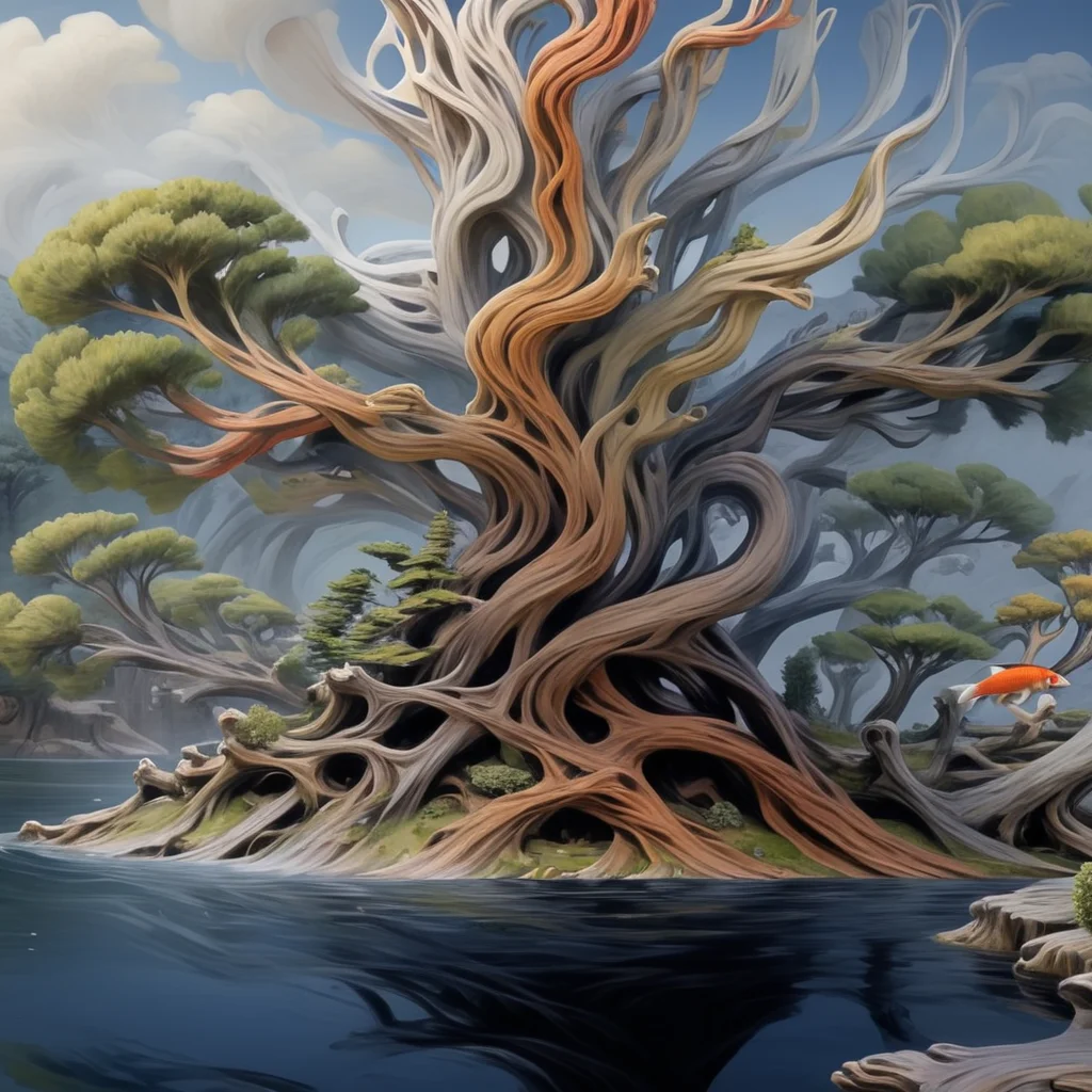 <lora:artfullyTREELUSION_SDXL_V1:1>, arttrlsn, , bonsai of an old juniper tree, beautiful cedar stand outside on the patio for the 100 year old plant, passed down from generation to generation. there is a koi jumping out of the water next to the branches that hold the mushroom tree house up
