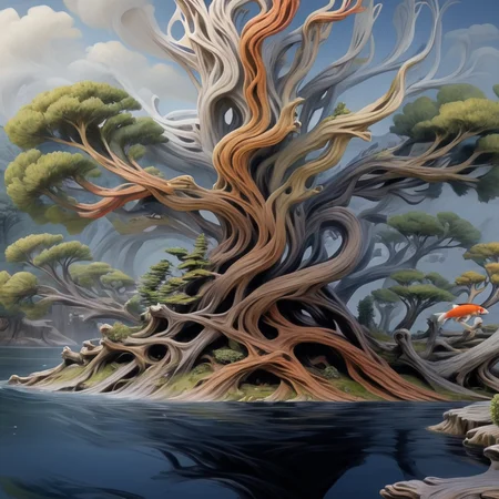 <lora:artfullyTREELUSION_SDXL_V1:1>, arttrlsn, , bonsai of an old juniper tree, beautiful cedar stand outside on the patio for the 100 year old plant, passed down from generation to generation. there is a koi jumping out of the water next to the branches that hold the mushroom tree house up