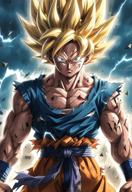 (Ultrarealist:1.5) (Son Goku Sayan:1.5) (Sayan Namek:1.3),8k, ultradetailed background, beautiful photography, (soft fur:1.3), expressive eyes, sunset glow, (solo:1.0)Lightning bolts,Posture(ultradetailed eyes:1.5),(Clothes 100% Broken:1.5)