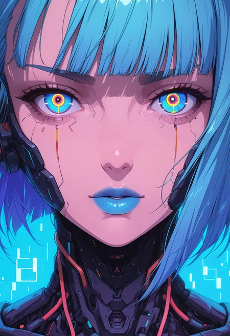masterpiece, best quality, good quality, very aesthetic, absurdres, newest, 8K, depth of field, focused subject, marathon game aesthetic, cyberpunk, graphic poster design, extreme closeup face portrait, 1girl, cyborg, segmented face plate, glowing square eyes with magenta core and green aura, blue lips, blue hair with straight bangs, integrated headphones with checkerboard pattern, intense blue lighting, neon blue glow, vibrant colors, particle effects, digital noise, intense stare, looking slightly towards viewer, futuristic.