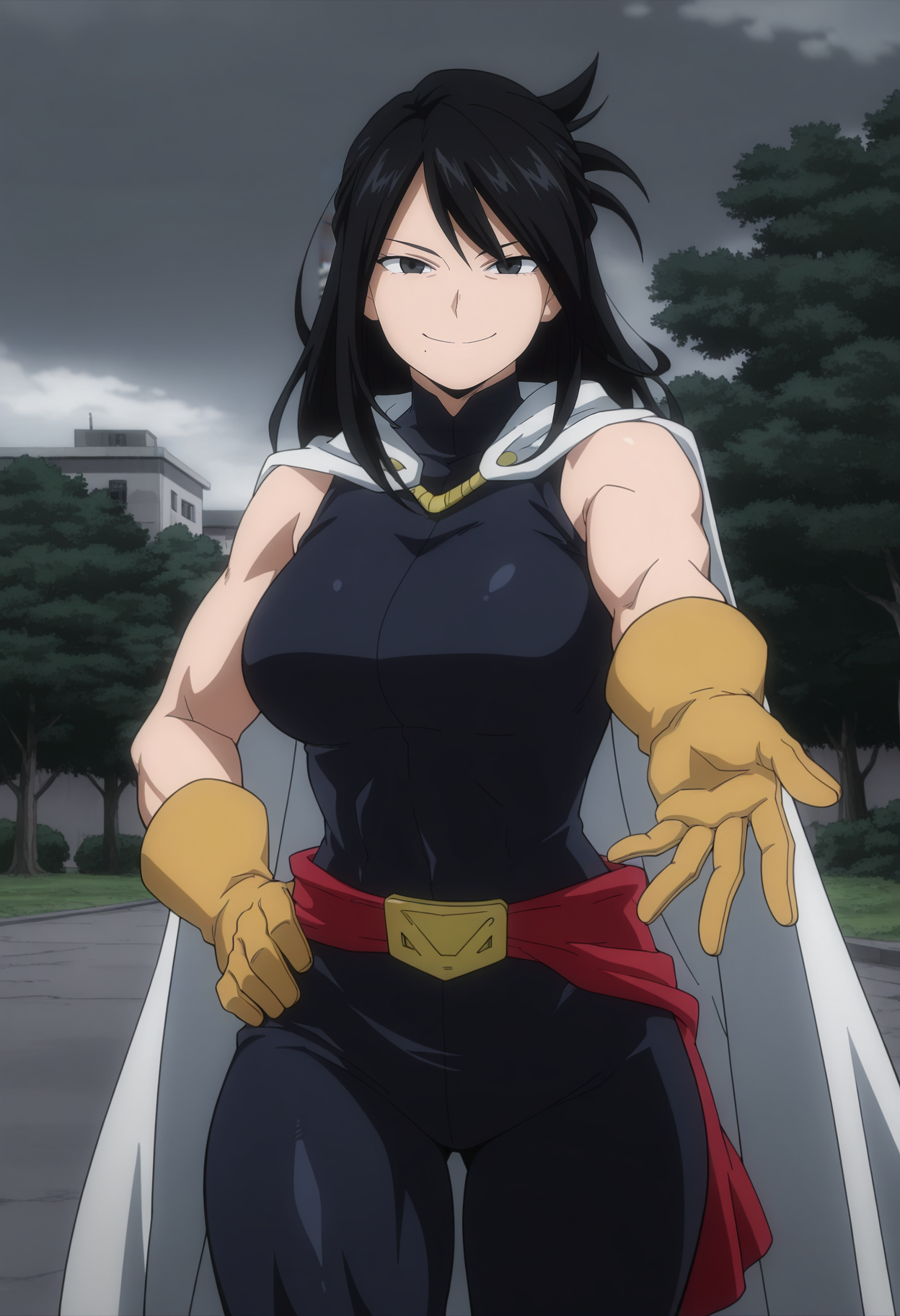 1girl,solo,mm,mature female,black hair,mole under mouth,long hair,muscular,black eyes,large breasts,anime coloring,
bodysuit, cape,sleeveless,belt,gloves,cowboy shot, outstretched arm, hand on own hip, looking at viewer, smile,outdoors
,masterpiece,best quality,amazing quality,<lora:Shimura_nana-My_Hero_Academia:0.8>