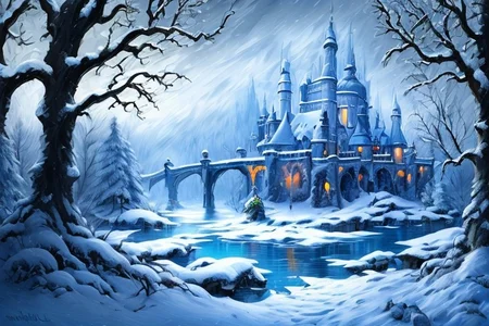 (masterpiece:1.2), (best quality,:1.2), 8k, HDR, ultra detailed, ((photorealistic)), professional light, cinematic lighting, fashion photography, ambient lighting, <lora:detail_slider_v4:2>, Ice, <lora:RealmsOfIce:1>, a sinister castle in a magical lake, snowy landscape, dark forest in the background, epiCPhoto