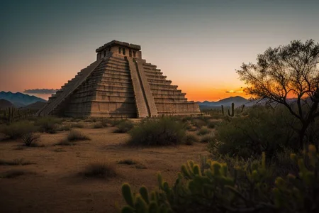 (tall ancient stone towers; 1.39) (ziggurat temple complex emerging from landscape: 1.39) raw photo, a sunset landscape, Arizona desert, Saguaro Cactus, Tall Mesa, cozy, photorealistic, high detailed texture, 8k uhd, dslr, soft lighting, high quality, film grain, (Fujifilm XT3, Sony A7 IV: 1.19), highly detailed photography, (muted colors, cinematic, dim colors, soothing tones:1.2), vibrant, insanely detailed, hyperdetailed, (dark shot:1.2), (vsco:0.3), (intricate details:0.9), (hdr, hyperdetailed:1.2) (highest coherency: 1.39) (highest quality: 1.39) (rule of Thirds) (award winning) (breathtaking) (masterclass) (vibrant color: 0.79) (distant hillside) (cinematic lighting, David Park, lights,)