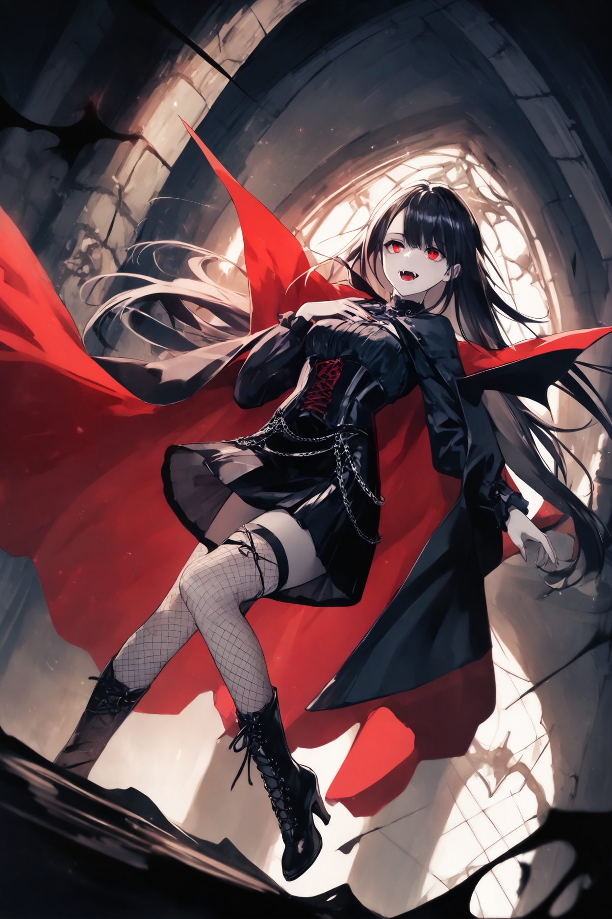 1girl, vampire, gothic, long black hair, pale skin, fangs, red eyes, corset, fishnets, leather skirt, high heels, cape, crypt, stone walls, cobwebs, candelabras, dim lighting, mysterious atmosphere BREAK low angle, looking up, dynamic pose, dramatic lighting, shallow depth of field, masterpiece, best quality, absurdres