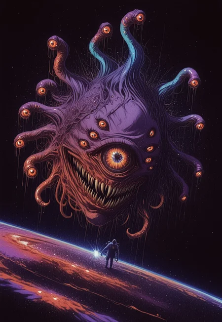 neon_horror_noir_style, Beholdertentacles-ILV1.0, fullbeholder, beholder, eyed Tentacles, tentacles with eyes, extra eyes, monster, horror, cosmic, colorful, masterpiece, high quality, best quality, dynamic angle, space, magic,