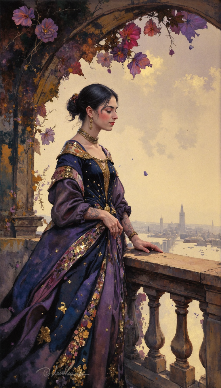 GLOW,intricate tetradic colors in every details,watercolor painting,FLUORESCENT,Rhizocarpon geographicum texture,gold dust, An arresting maiden with ebon tresses adorned with byzantine jewelry, gazes pensively from a balcony. Her diaphanous gown, a symphony of amethyst and gold, flows around her, catching the golden luminescence of the setting sun.  The balustrade, overrun with vibrant bougainvillea, frames her like a Renaissance portrait. Render the scene in meticulous detail, employing a vibrant palette with a predilection for the opulent hues of twilight. The focus should be on the girl's melancholic beauty and the sumptuousness of her surroundings. Add intricate architectural details to the balcony and a breathtaking vista of a fantastical city in the background.