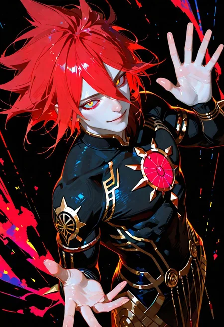 (masterpiece, best quality:1.1), cowboy shot, 1boy, muscular male, solo, black background , <lora:karna:1:char>, bishounen, karna \(fate\), anime style, red hair, flowing hair, short hair,  pale skin, sharp features, white glowing eyes, glowing emblem, blue center, red outline, chest emblem, dark clothing, Chinese clothes, waving hand, happy, 
, greeting, open palm
, raised hand, friendly wave, view from above,
masterpiece, best quality, amazing quality,
<lora:Detailer_NoobAI_Incrs_v1:0.75>, masterwork, masterpiece, best quality, dynamic lighting , dynamic pose,,  dynamic angle, , ,  (lineless:1.2), detailed, depth of field, dynamic lighting, blurry, (cheekbones:0.85), (realistic:1.2)
adult, aged up,, ultra-HD, cinematic lighting, photorealistic, (impressionism:1.5), high detail  ,masterpiece, best quality, very aesthetic, 8k, perfect eyes