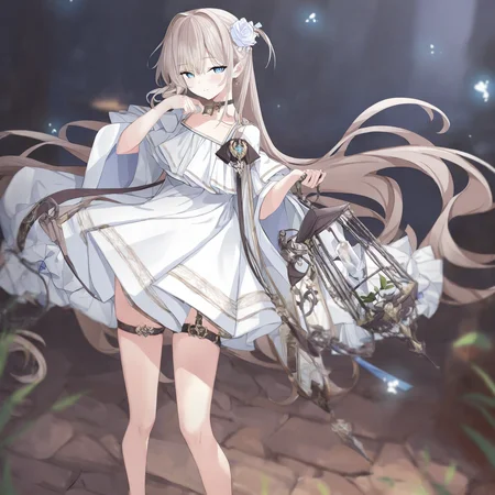 solovey, 1girl, hair ornament, hair flower, white dress, looking at viewer, barefoot, standing, thigh strap, holding lantern, masterpiece, best quality, highres, absurdes, depth of field, newest, year2024,<lora:solovey:1>