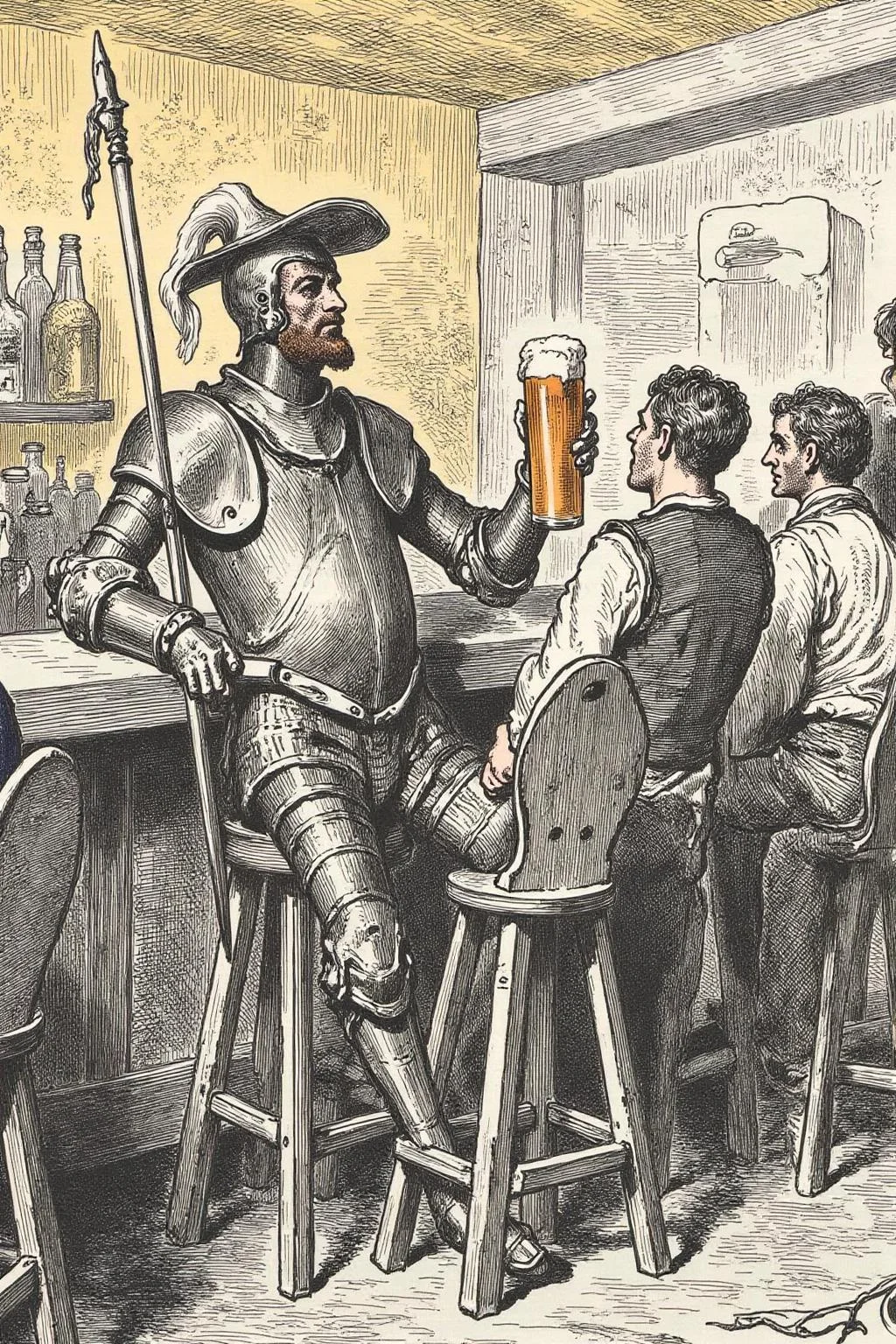 Black and whitel gusdore1 illustration of Don Quixote sitting at a modern bar, enjoying a beer. He wears his classic, medieval armor, slightly tarnished and mismatched, and his signature helmet with a plume. He sits on a high bar stool, holding a frothy pint of beer in one hand, his lance and shield propped up against the bar counter. The bar around him is sleek and contemporary, with neon lights, polished wood, and various bottles lined up on shelves behind him. Other patrons, dressed in modern casual attire, glance curiously at the armored knight. Soft, warm lighting casts a relaxed atmosphere, highlighting the whimsical contrast between Don Quixote and the modern setting. Surreal and humorous, anachronistic, vibrant colors, character-driven scene. <lora:gusdore1_nocap_d4a2e8:1.0><lora:800988616185776491:0>