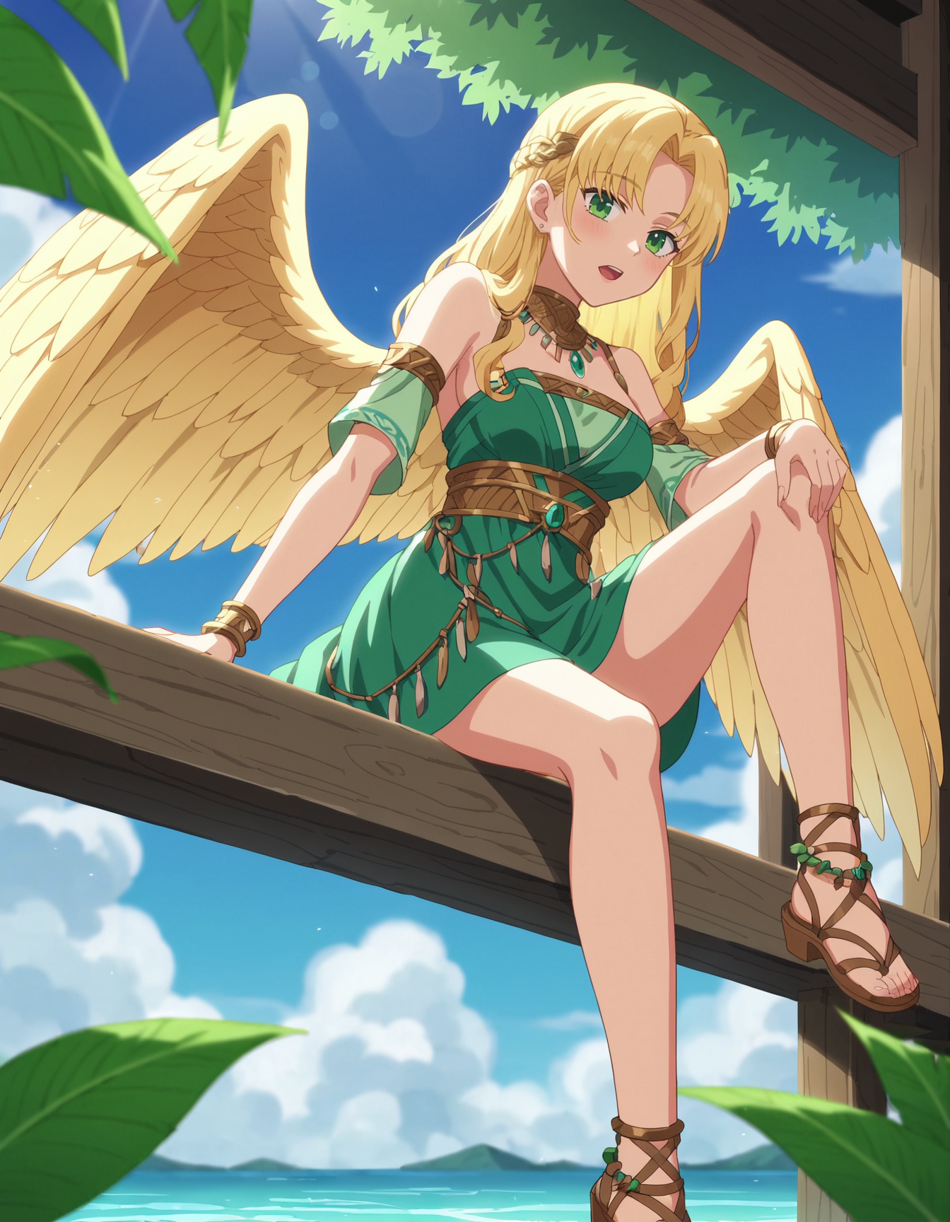 score_9, score_8_up, score_7_up, BREAK
(anime screencap:1.5), 1girl, long flowing blonde hair, wearing a green dress with intricate patterns, adorned with tribal jewelry, emerald green eyes, serene and gentle expression, sitting on a wooden platform with one leg hanging over the edge, the other leg bent, arm resting on her knee, detailed background with lush greenery and blue sky, large eagle perched on her shoulder, wings slightly spread, sunlight filtering through the leaves, soft shadows, depth of field, volumetric lighting, high dynamic range, intricate details in the dress and jewelry, realistic feathers on the eagle, peaceful and tranquil atmosphere, 2d anime style, light breeze causing movement in hair and clothes, reflections in the water below, scenic mountains in the distance, summer day, vibrant and colorful environment