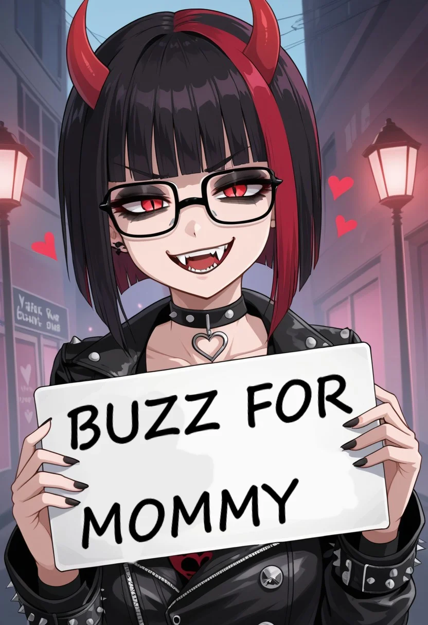 demon girl with hime cut and glasses, emo, punk, leather jacket, devilish smile, smug smile, fangs, choker with a heart