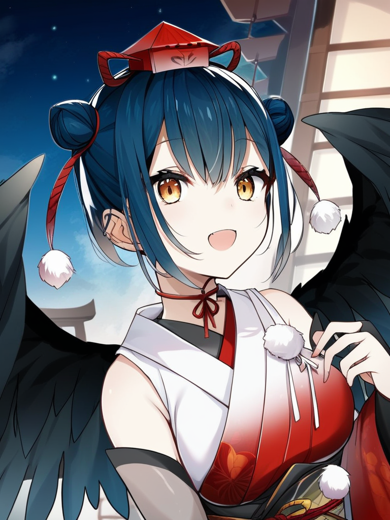 <lora:Karuta YamagamiPDXL_v1:1>Karuta YamagamiPDXL, 1girl, solo, virtual youtuber, wings, breasts, black wings, hat, looking at viewer, tokin hat, open mouth, initial costume, night sky,, score_9, score_8_up, score_7_up, score_6_up, score_5_up, score_4_up,
