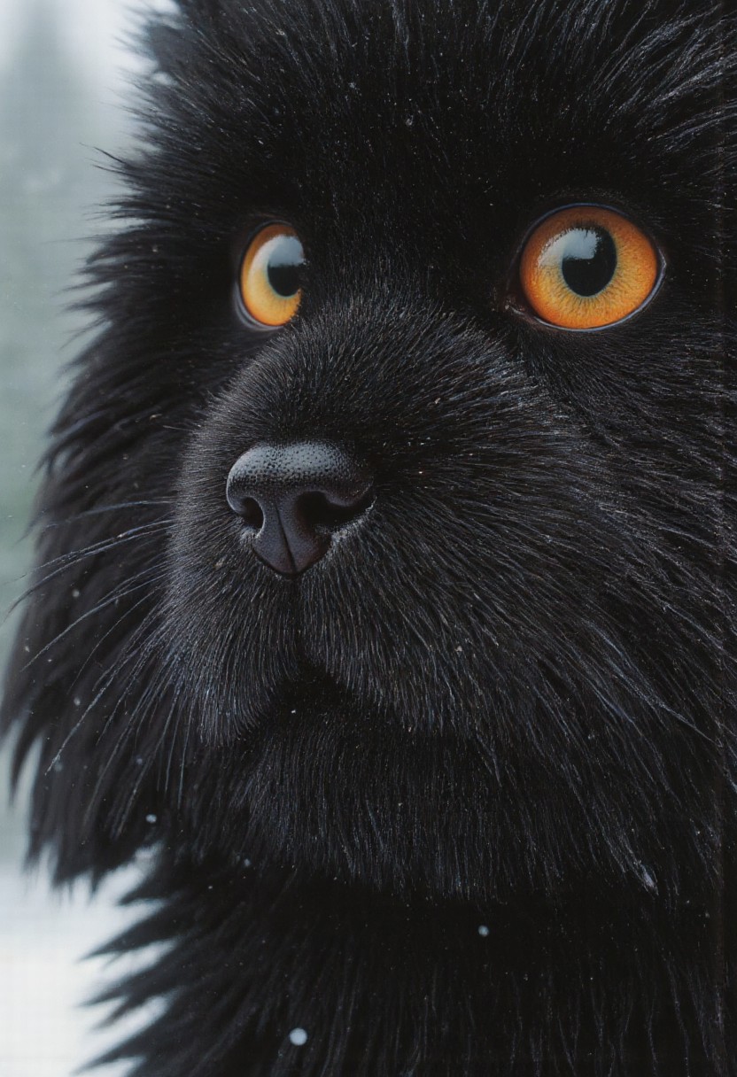 A realistic, intimate close-up of a fluffy black cat and a soft, clumsy dog, their adorable faces framed in perfect harmony. The cata's round, curious eyes glisten with childlike wonder, its whiskers delicately frosted with snow, while the dog's soft, velvety nose twitches slightly, its wide, gentle eyes filled with quiet awe. Both faces are illuminated by a warm, gentle light that contrasts beautifully with the cool tones of the falling snow, creating a soft, magical glow on their fur. 
Tiny red Heart flakes drift lazily through the scene, some catching in the cats’s fine whiskers and the dog’s fluffy ears, while others melt upon their warm fur, adding a subtle shimmer. The background fades into a dreamy blur of soft white and pale evergreen hues, suggesting a serene, snowy forest. Their expressions, innocent and transfixed, reflect the quiet enchantment of winter as they gaze forward, seemingly lost in the wonder of something unseen but deeply magical.
The light, faintly golden, filters through the snowfall, creating delicate highlights and a gentle gradient of shadows that brings out every intricate detail of their fur and features. The atmosphere is pure and serene, capturing a fleeting, tender moment of untouched winter beauty, as if nature itself has paused to marvel at the quiet, soulful connection between these two endearing creatures.