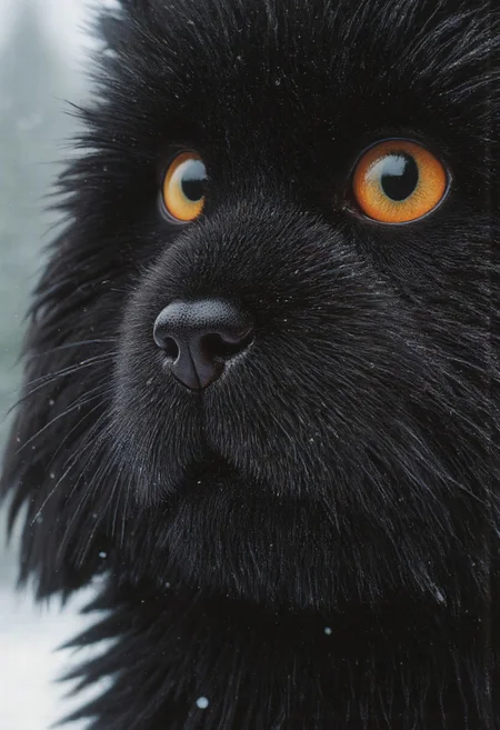 A realistic, intimate close-up of a fluffy black cat and a soft, clumsy dog, their adorable faces framed in perfect harmony. The cata's round, curious eyes glisten with childlike wonder, its whiskers delicately frosted with snow, while the dog's soft, velvety nose twitches slightly, its wide, gentle eyes filled with quiet awe. Both faces are illuminated by a warm, gentle light that contrasts beautifully with the cool tones of the falling snow, creating a soft, magical glow on their fur. 
Tiny red Heart flakes drift lazily through the scene, some catching in the cats’s fine whiskers and the dog’s fluffy ears, while others melt upon their warm fur, adding a subtle shimmer. The background fades into a dreamy blur of soft white and pale evergreen hues, suggesting a serene, snowy forest. Their expressions, innocent and transfixed, reflect the quiet enchantment of winter as they gaze forward, seemingly lost in the wonder of something unseen but deeply magical.
The light, faintly golden, filters through the snowfall, creating delicate highlights and a gentle gradient of shadows that brings out every intricate detail of their fur and features. The atmosphere is pure and serene, capturing a fleeting, tender moment of untouched winter beauty, as if nature itself has paused to marvel at the quiet, soulful connection between these two endearing creatures.