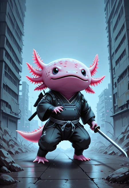 axolotl, cute, axolotl dressed as a cyber-samurai, holding a katana sword, fighting in a dystopian japanese landscape, solo,