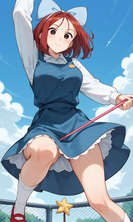 (1girl:1.5), (solo:1.3), (score_9, score_8_up, score_7_up, score_6_up, score_5_up, score_4_up), (source_anime), rating_questionable, looking at viewer, (cowboy shot:1.3), outdoors, blue sky, cloudy sky, looking at viewer,
(shiwasu-mari), (black eyes, red hair, medium hair, parted bangs, parody hair), (large breasts), <lora:magical-mari-early_v1:0.9> (light blue big hair bow, royal blue pinafore dress, white collared shirt, long sleeves, white bobby socks, red footwear, mary janes), (holding wand), wide-eyed, smile, fighting stance, legs apart, arms up, broom riding,