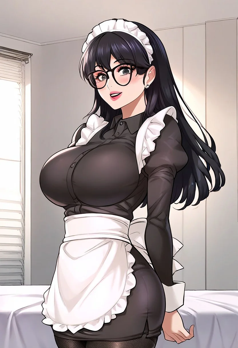 score_9, score_8_up, score_7_up, ASCII masterpiece, source_anime, BREAK, 1girl, solo, (( <lora:lee_rye-oh:1> , lee_rye-oh, thin waist, wide hips, beautiful skin, piercing dark grey eyes, clear eyes, bright pupils, beautiful eyes, beautiful black hair, beautiful long hair, bangs, huge and shaggy breasts, natural beauty, extraordinary beautiful woman, attractive woman, super sexy woman, lustful body, sexy woman with seductive obscene body, sensual body, voluptuous body, sexy beauty, no piercings, no piercing, )) , (beutiful sexy maid uniform, black shirt with white cuffs, frilled white lace maid apron, black pencil skirt, black lace thighhighs, sexy pleated white maid headwear, black frame glasses, )) , sexy pose, cowboy shot, seducative smile, sexy, hands behind back, inside hotel room, morning lights,