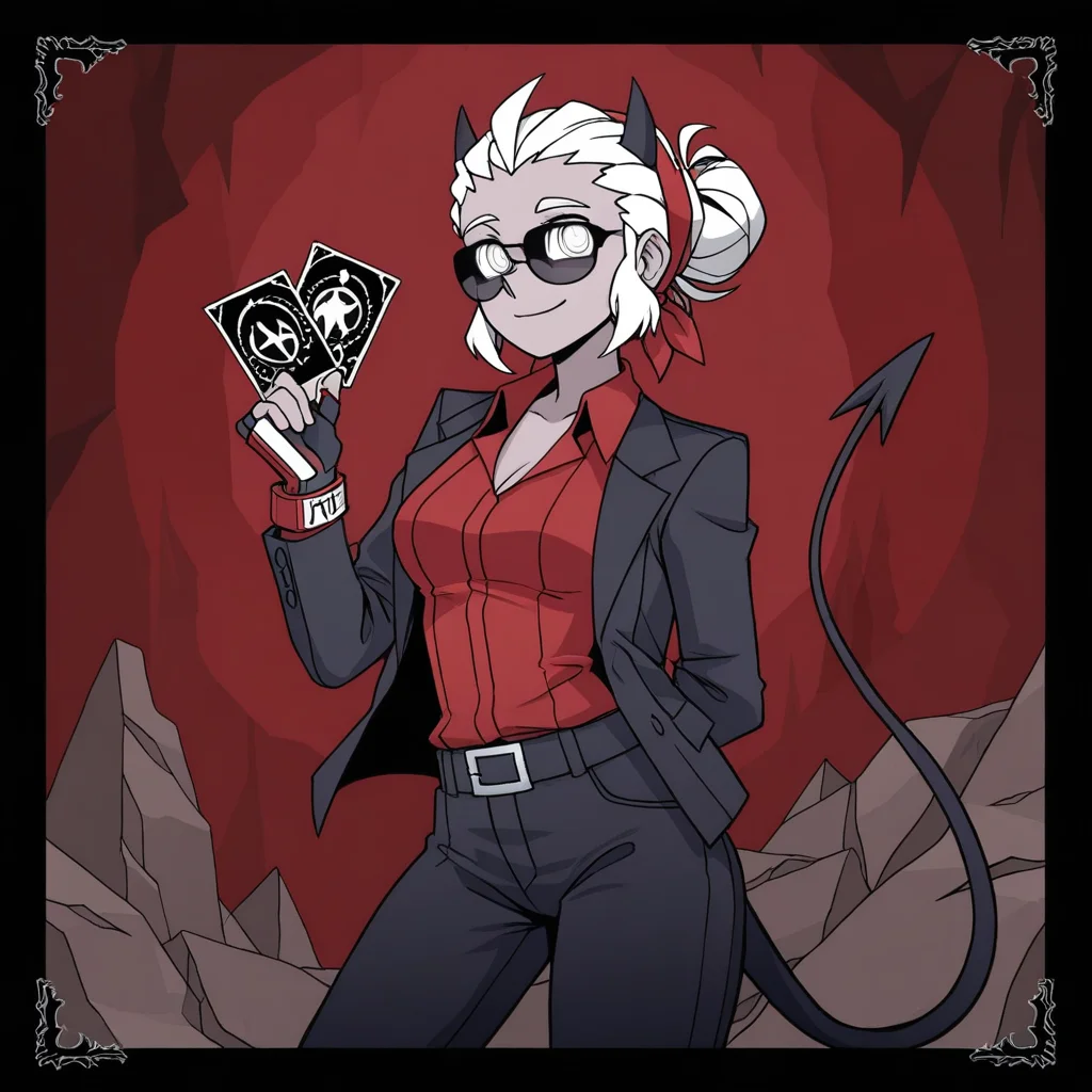 masterpiece, best quality, newest, absurdres, highres, DTILV1.0, Tarot, Tarot card, 1girl, justice (helltaker), white hair, short hair, hairbun, black horns, demon girl, demon tail, eyes visible through eyewear, black jacket, open jacket, red shirt, sunglasses, tail, red hairband, blind, blind eyes, white eyes,