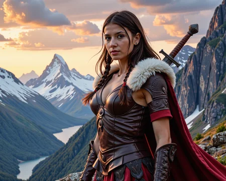 Transform this illustration into a professional photograph depicting a striking Barbarian queen standing proudly in a breathtaking mountainous landscape with a river flowing into the lake below. She has long, flowing hair, partially adorned with multiple thin braids, some of which are tied with small beads or feathers. Her hair is dark with strands of silver-gray subtly woven throughout, hinting at her age of around 40 while enhancing her timeless beauty. Her face bears the strength of experience, with high cheekbones, a determined expression, and piercing eyes that seem to hold the wisdom of countless battles.
She is dressed in ornate leather armor, masterfully crafted and trimmed with soft, thick fur around the shoulders and edges, providing both protection and a regal appearance. The armor is intricately decorated with carved patterns resembling ancient tribal designs, adding a sense of heritage and artistry to her imposing attire. Across her back, she carries a massive sword in an elaborate scabbard, its hilt visible and hinting at its extraordinary craftsmanship. Her posture is upright and commanding, radiating an aura of both beauty and invincibility.
The backdrop features a majestic expanse of towering, jagged mountains, their peaks dusted with snow, under a sky painted in the soft, radiant hues of dawn. The interplay of warm oranges and pinks with the cool blues of the fading night creates an ethereal atmosphere, emphasizing the queenâs commanding presence against the awe-inspiring natural landscape. (sharp focus on face),(Do not include any text or watermark:1.3)<lora:MarinaA:0.65>