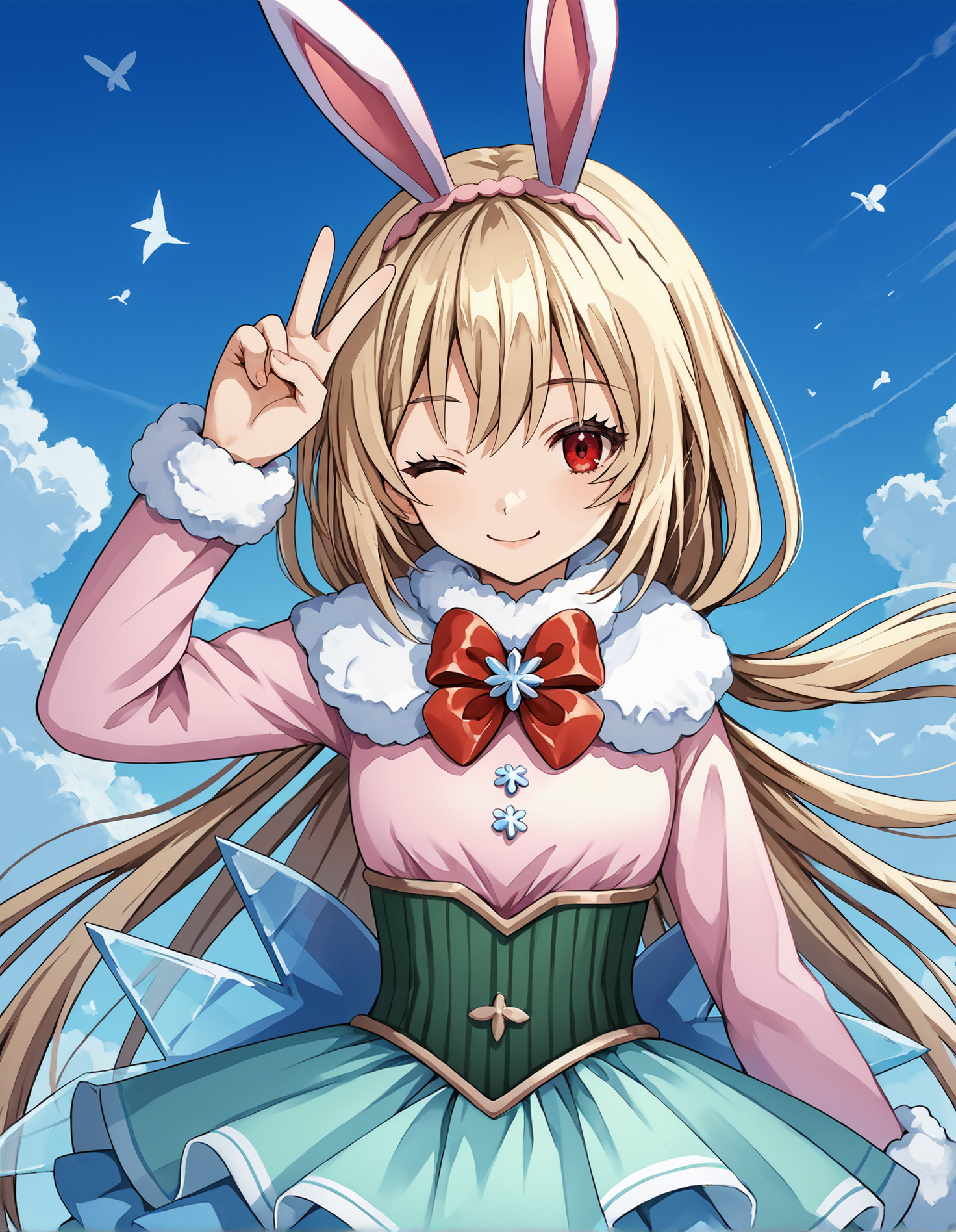 score_9, score_8_up, source_anime, 1girl, upper body, medium shot, detailed, mgrcirinakushu, kshwtr, blonde hair, low ponytail, red eyes, pink hair ornament, fake rabbit ears, white fur capelet, red bowtie, pink gradient coat, green corset, blue layered skirt, hand up, v, one eye closed, wink, smiling, <lora:mgrcirinakushu_XL:1>