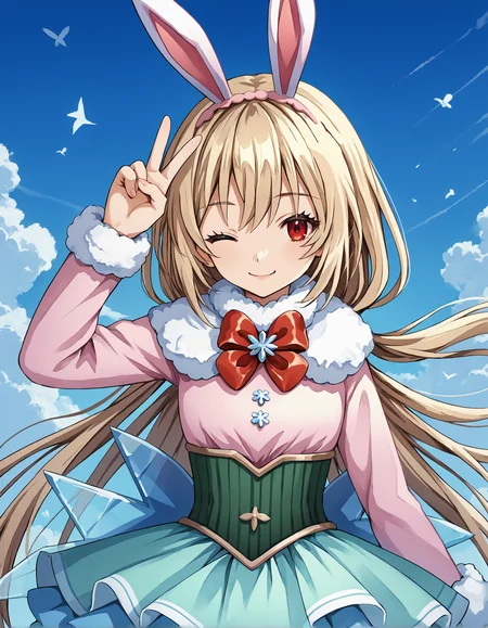 score_9, score_8_up, source_anime, 1girl, upper body, medium shot, detailed, mgrcirinakushu, kshwtr, blonde hair, low ponytail, red eyes, pink hair ornament, fake rabbit ears, white fur capelet, red bowtie, pink gradient coat, green corset, blue layered skirt, hand up, v, one eye closed, wink, smiling, <lora:mgrcirinakushu_XL:1>