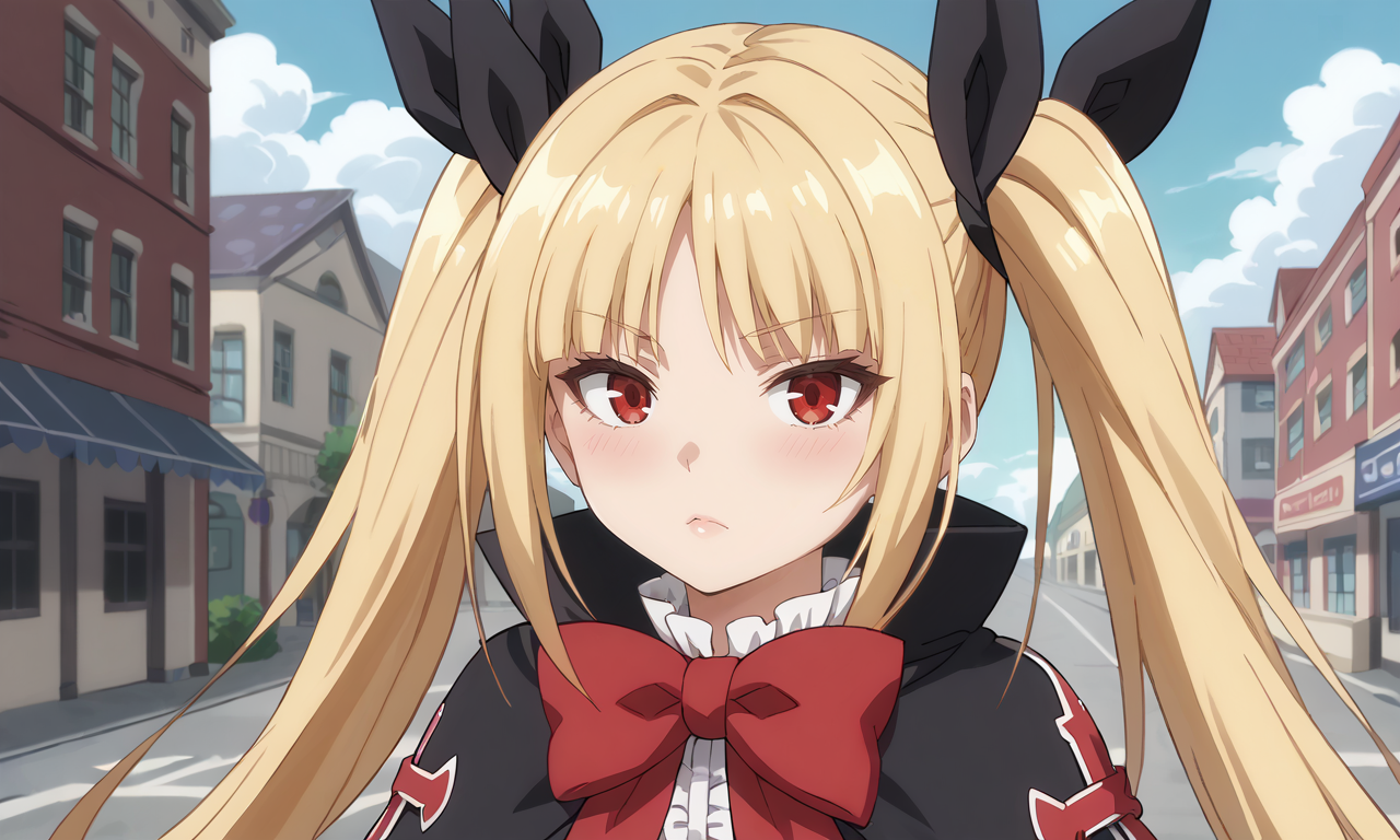 score_9, score_8_up, score_7_up, score_6_up, score_5_up, score_4_up, source_anime, anime screencap, masterpiece, insanely detailed, detailed background, zPDXL3, BREAK, RachelAlucardBB,1girl,solo,long hair,blonde hair,red eyes,red bow,ribbon,twintails,black hair ribbon,small breasts,frills,red bow,ghotic fashion,black capelet ,red cross pattern,black dress