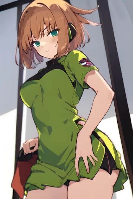 pixel-Konami, 1girl, green dress, miniskirt, masterpiece, <hypernet:myhands_22k:0.75> <lora:konami-Kirie-LoRA:0.85>
